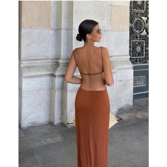 Zara Cut Out Maxi Dress Brown Size M - Picture 3 of 13